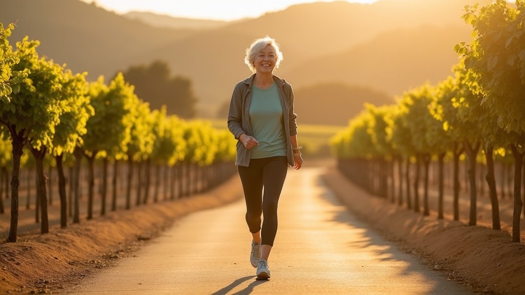 Active woman walking confidently on Napa Valley Vine Trail enjoying renewed comfort and mobility