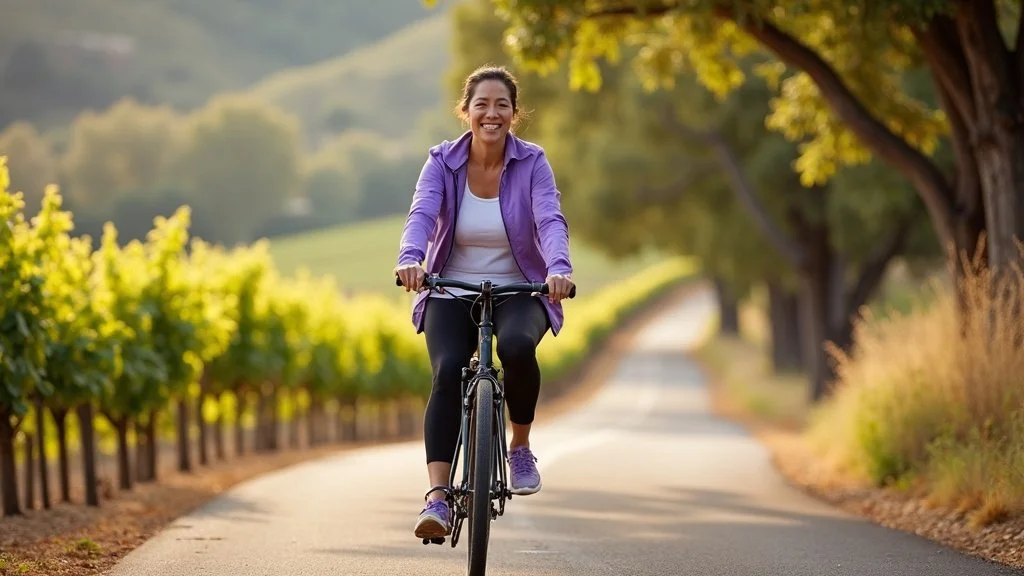 Active woman cycling comfortably on Silverado Trail after neurogenic claudication relief through minimally invasive treatment