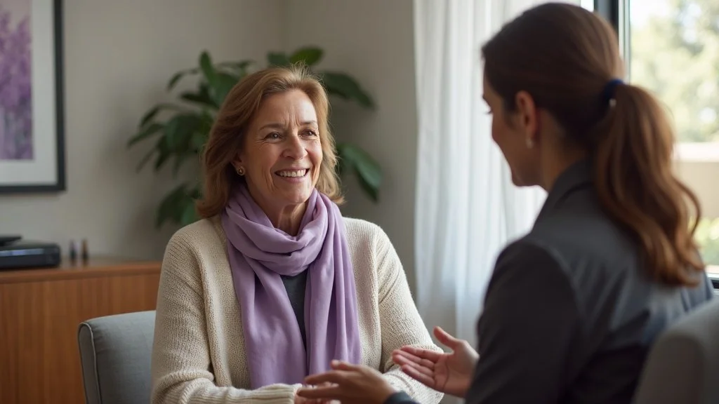 Patient and physician reviewing consultation materials in a pain management office