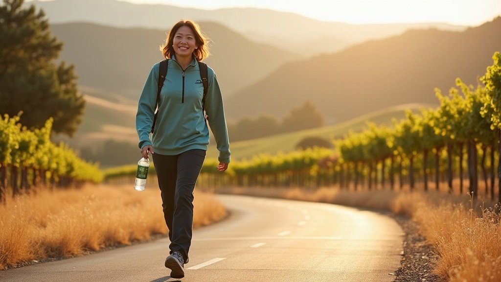 Active woman walking Napa Valley Vine Trail with consistent pain relief from DRG neuromodulation therapy