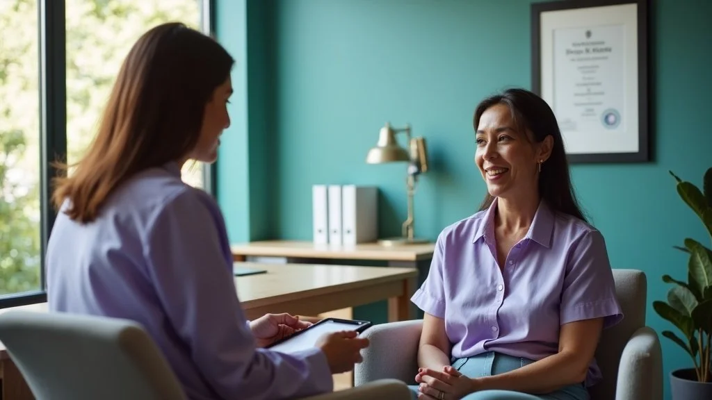 Interventional pain physician consulting with patient about diagnostic injections in modern Napa Valley medical office