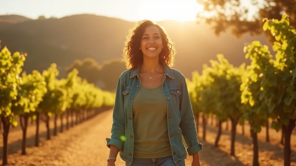 Woman enjoying pain-free walk on Napa Valley Vine Trail after facet joint treatment