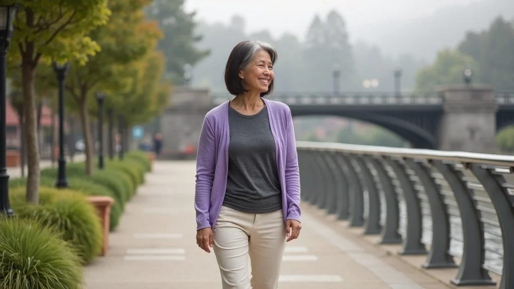 Woman walking comfortably after spinal stenosis treatment improved symptoms and walking ability