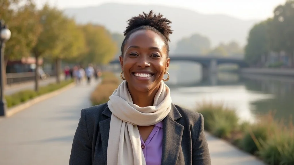 Professional woman at Napa waterfront maintaining active career with effective pain management