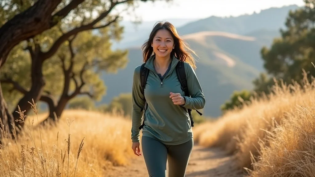 Active woman hiking Napa Valley trails after interventional pain management restored back mobility