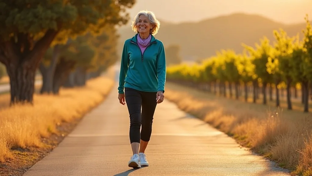Woman walking confidently on Napa Valley trail after MILD procedure restored mobility from spinal stenosis