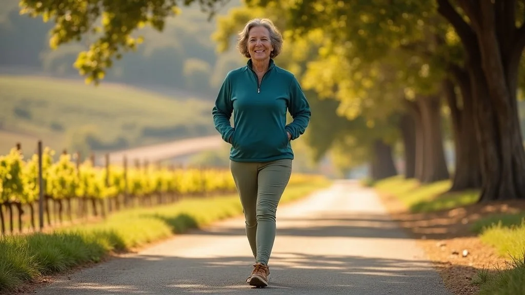 Active woman walking Napa Valley Vine Trail after fibromyalgia treatment improved widespread pain symptoms