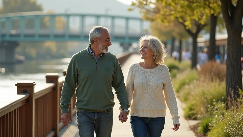 Couple enjoying Downtown Napa waterfront walk after successful neurogenic claudication treatment restored mobility