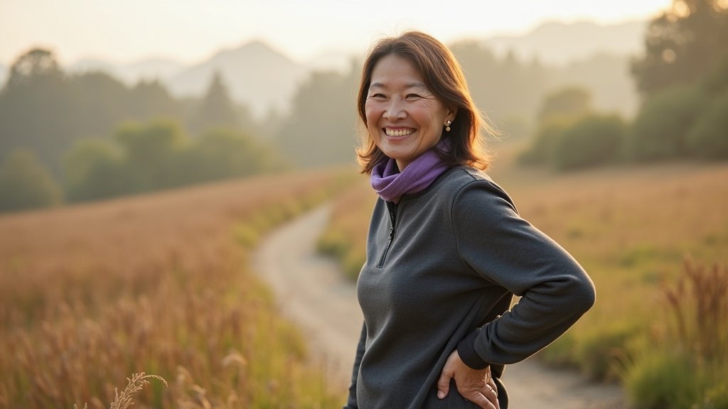 Woman experiencing relief from pseudo sciatica on Napa Valley nature trail