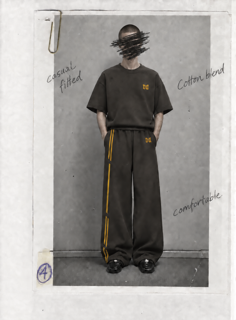 Scrapbook study of a standing model in brown Dour Muse tracks, mustard stripes and black loafers, with handwritten construction notes