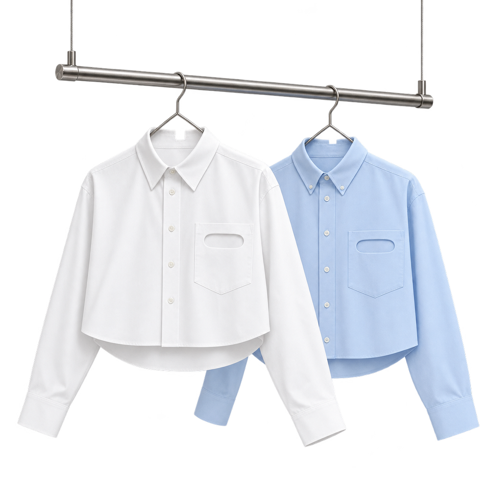 White and blue Dour Muse shirts on a suspended metal clothing rack