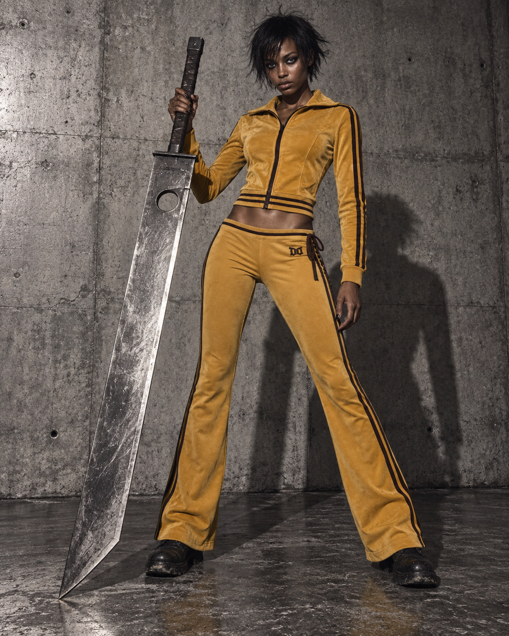 Gritty editorial: yellow Dour Muse sweatsuit and oversized steel sword