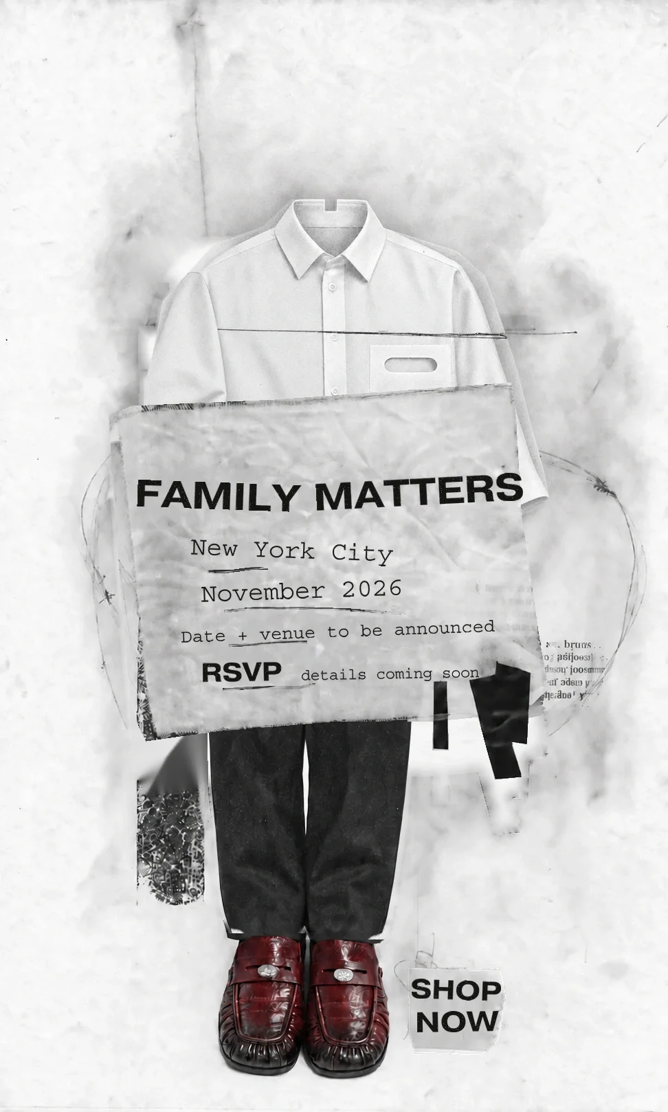 A notched white shirt, an Upcoming event tag above the FAMILY MATTERS invitation, black trousers, and blood-red loafers on textured paper.