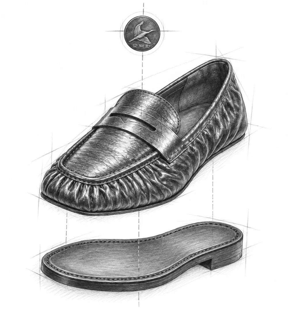 Pencil construction study of a penny loafer with separated upper, sole and coin