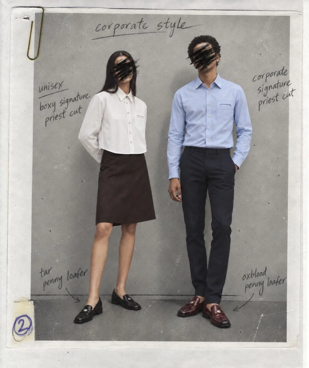 Two models wearing white and blue Priest Cut shirts with black and oxblood loafers in an annotated scrapbook photograph