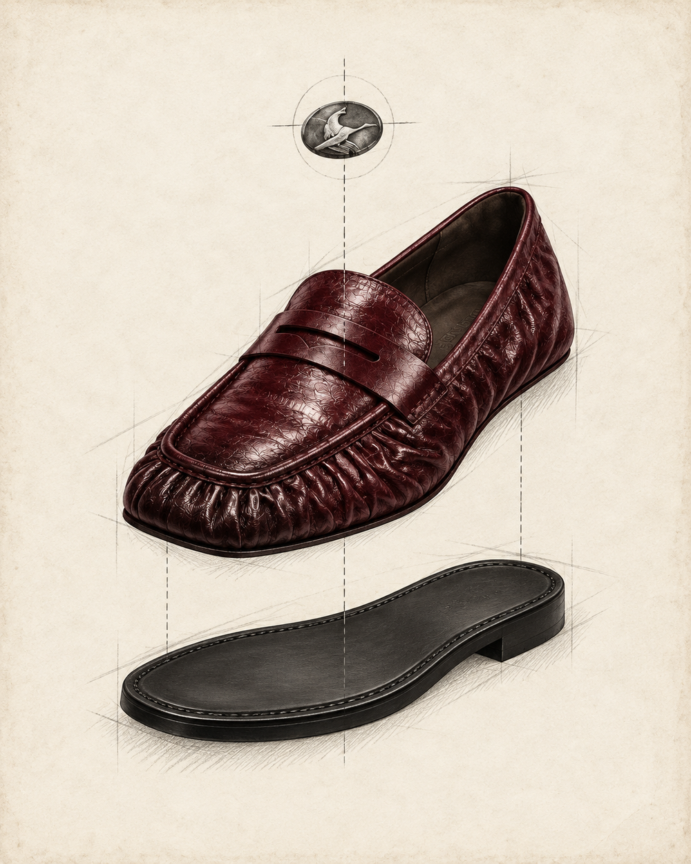 Conceptual exploded view of the oxblood loafer, Ghana coin, leather upper and sole