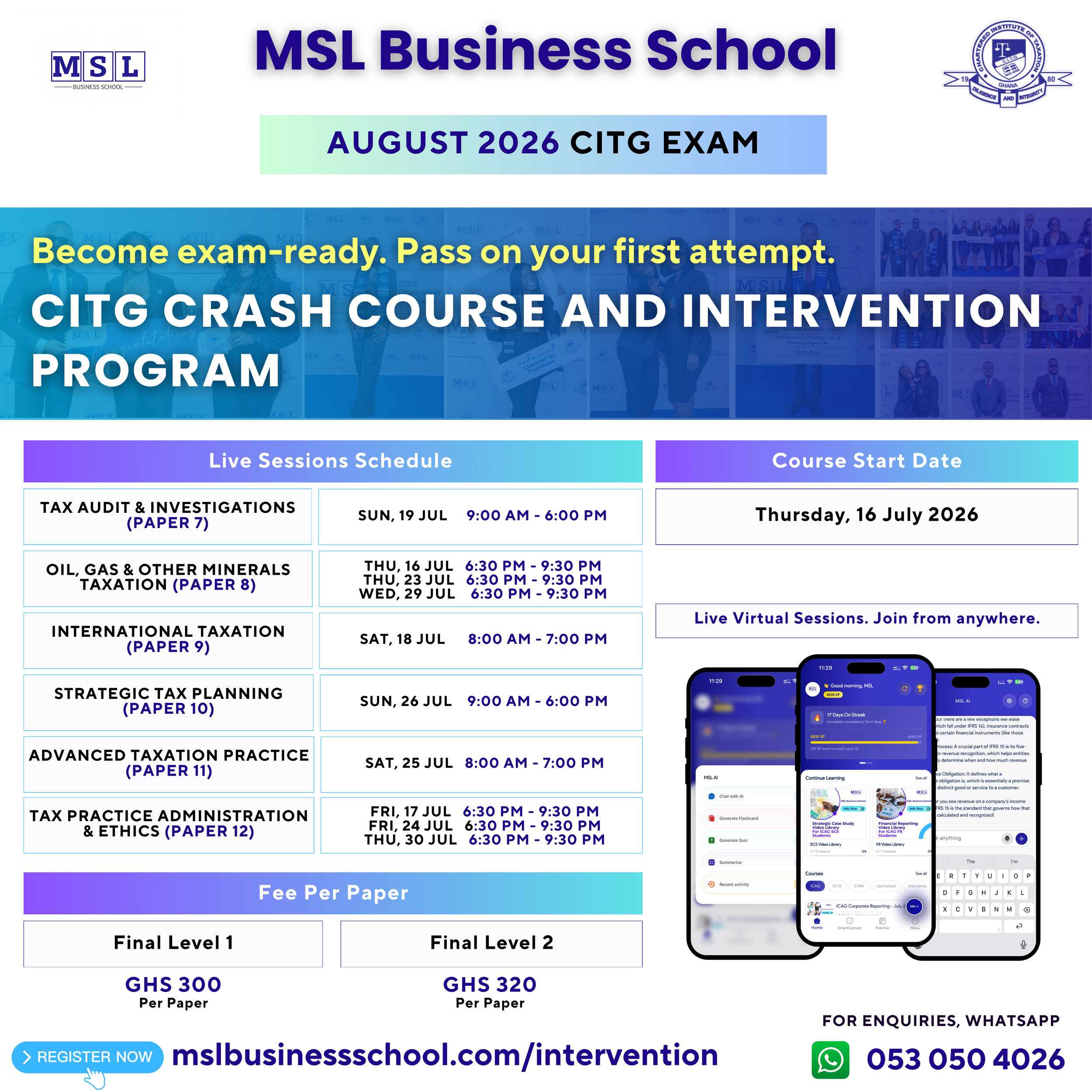 MSL Business School CITG August 2026 Intervention and Crash Course flyer with the live sessions schedule, papers covered, and fees per paper