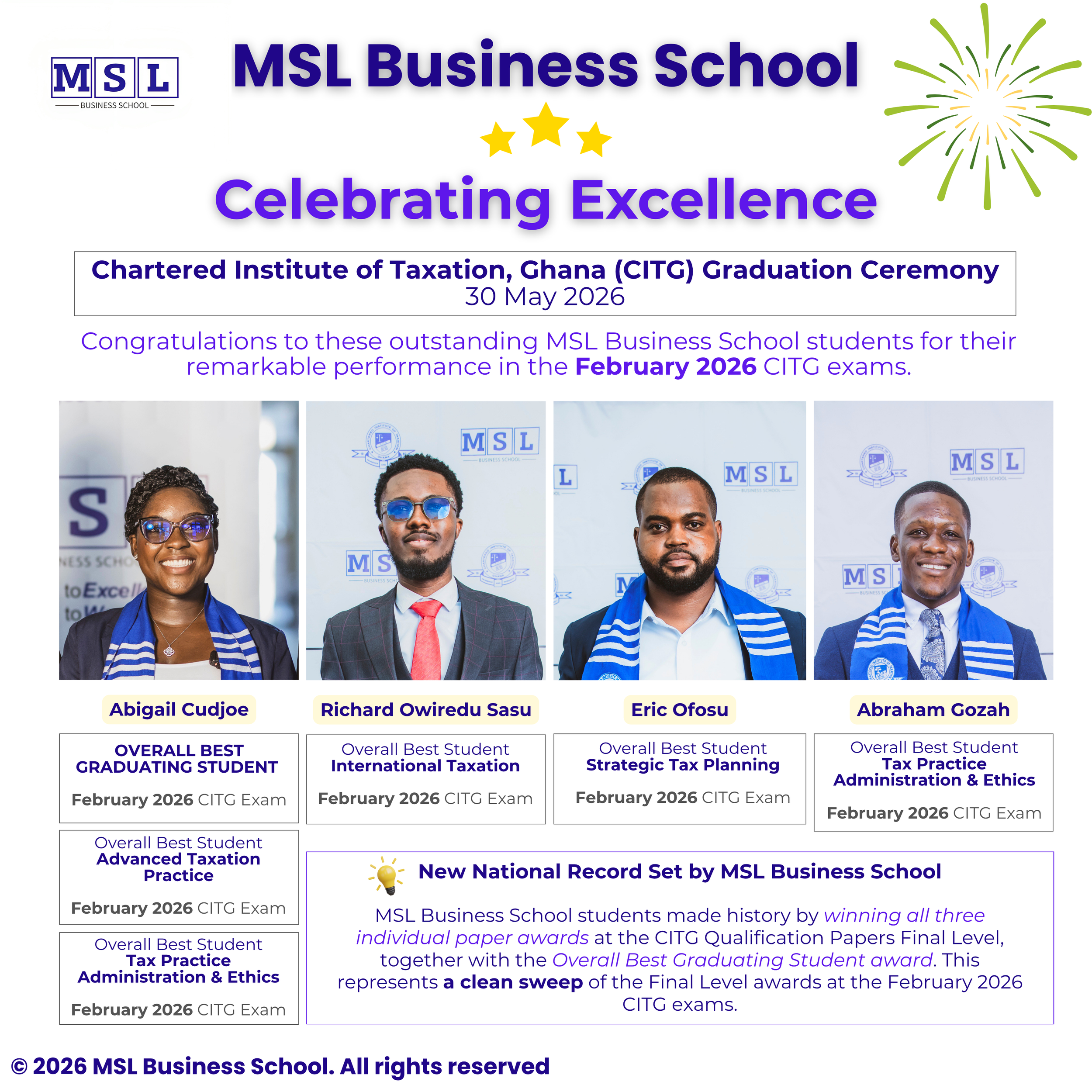 MSL Business School's national award winners at the 2026 CITG graduation in Accra