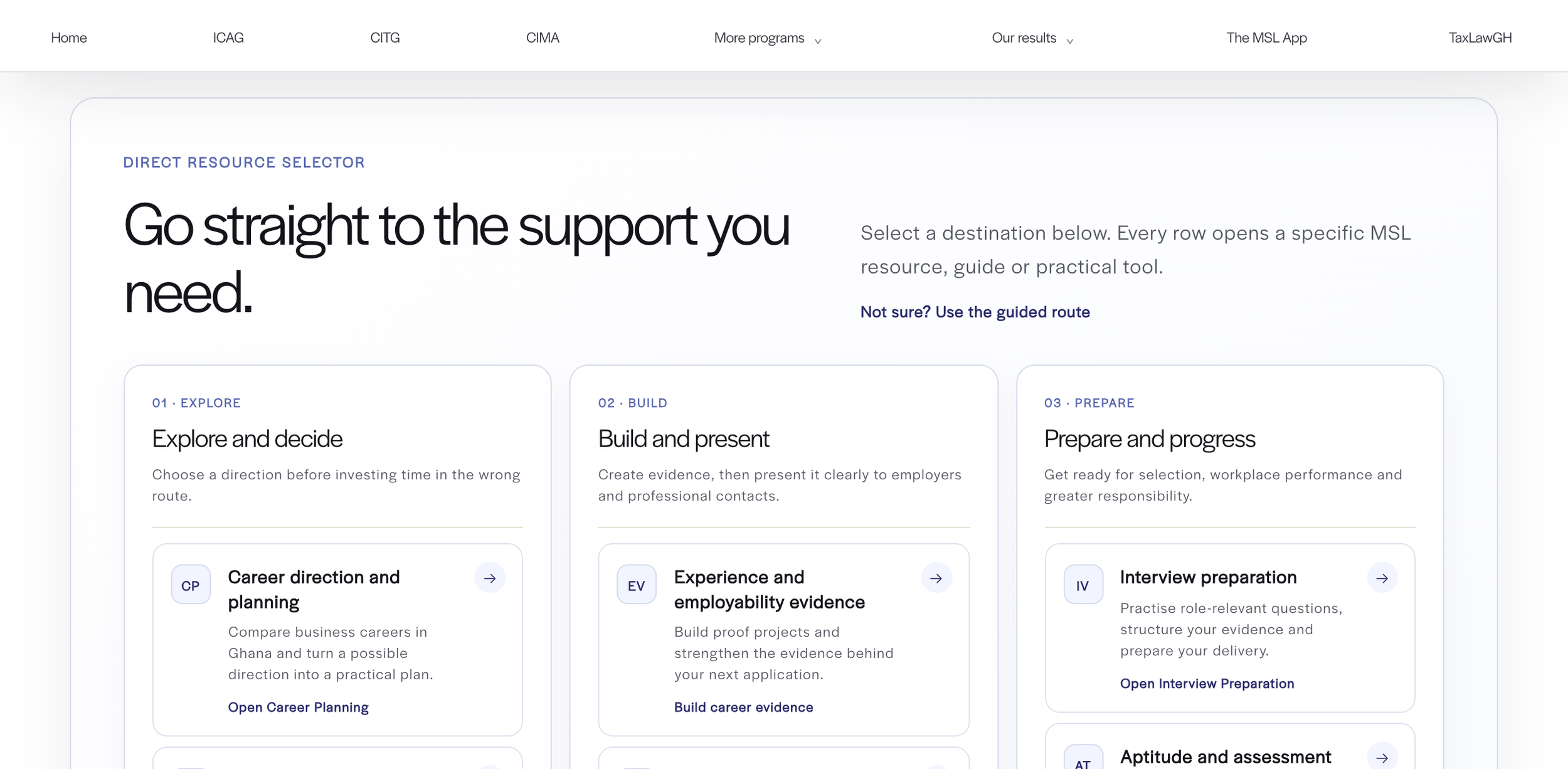 The live Career Development resource selector organised into Explore and decide, Build and present, and Prepare and progress