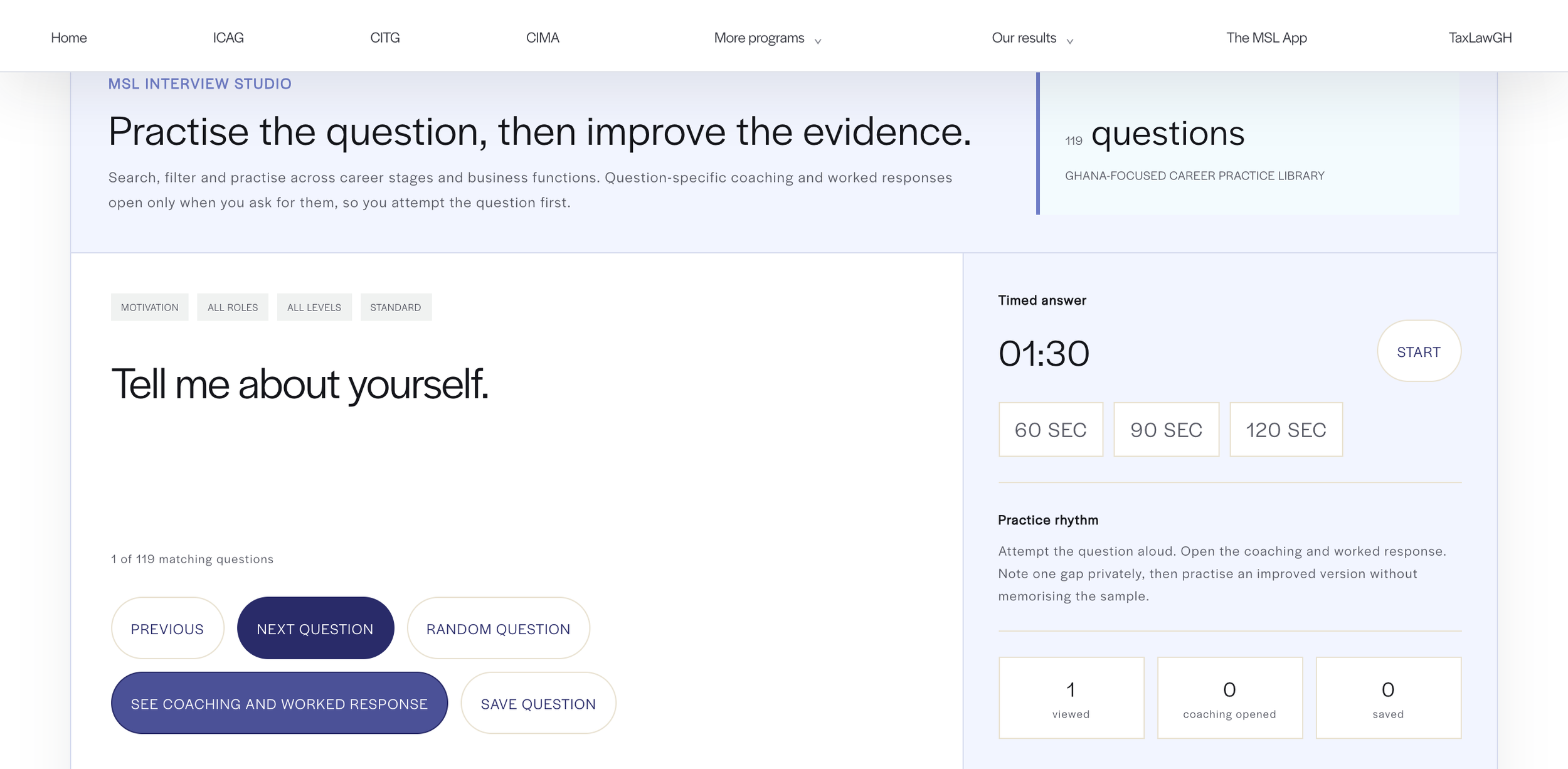 The live MSL Interview Studio showing a practice question, timed-answer controls and coaching options