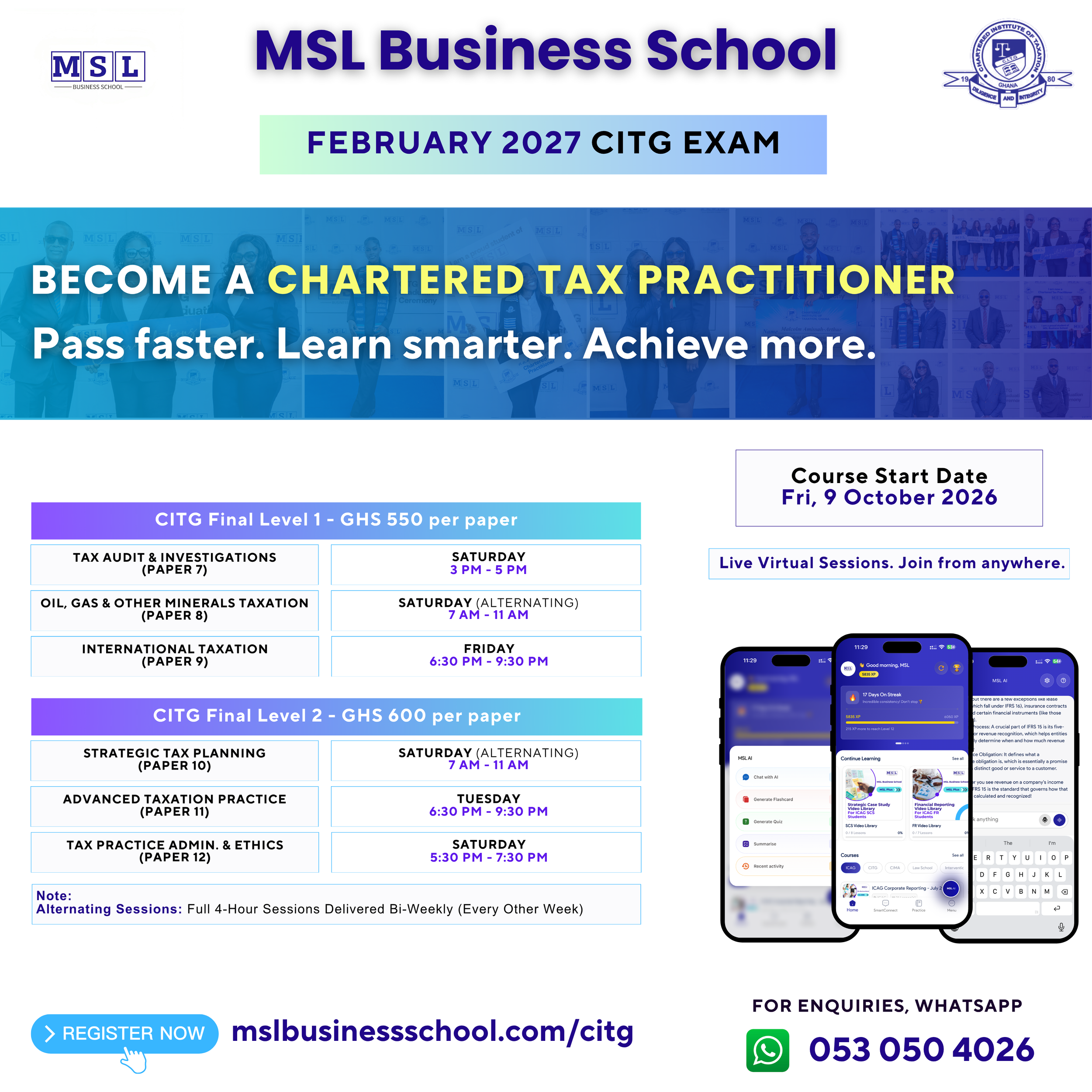 CITG February 2027 examination timetable from MSL Business School