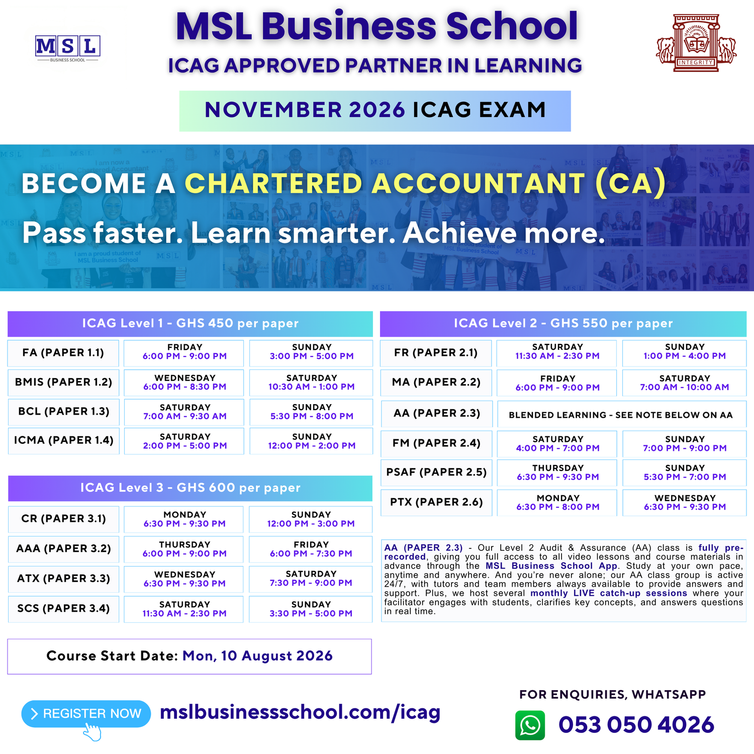 ICAG November 2026 examination timetable from MSL Business School