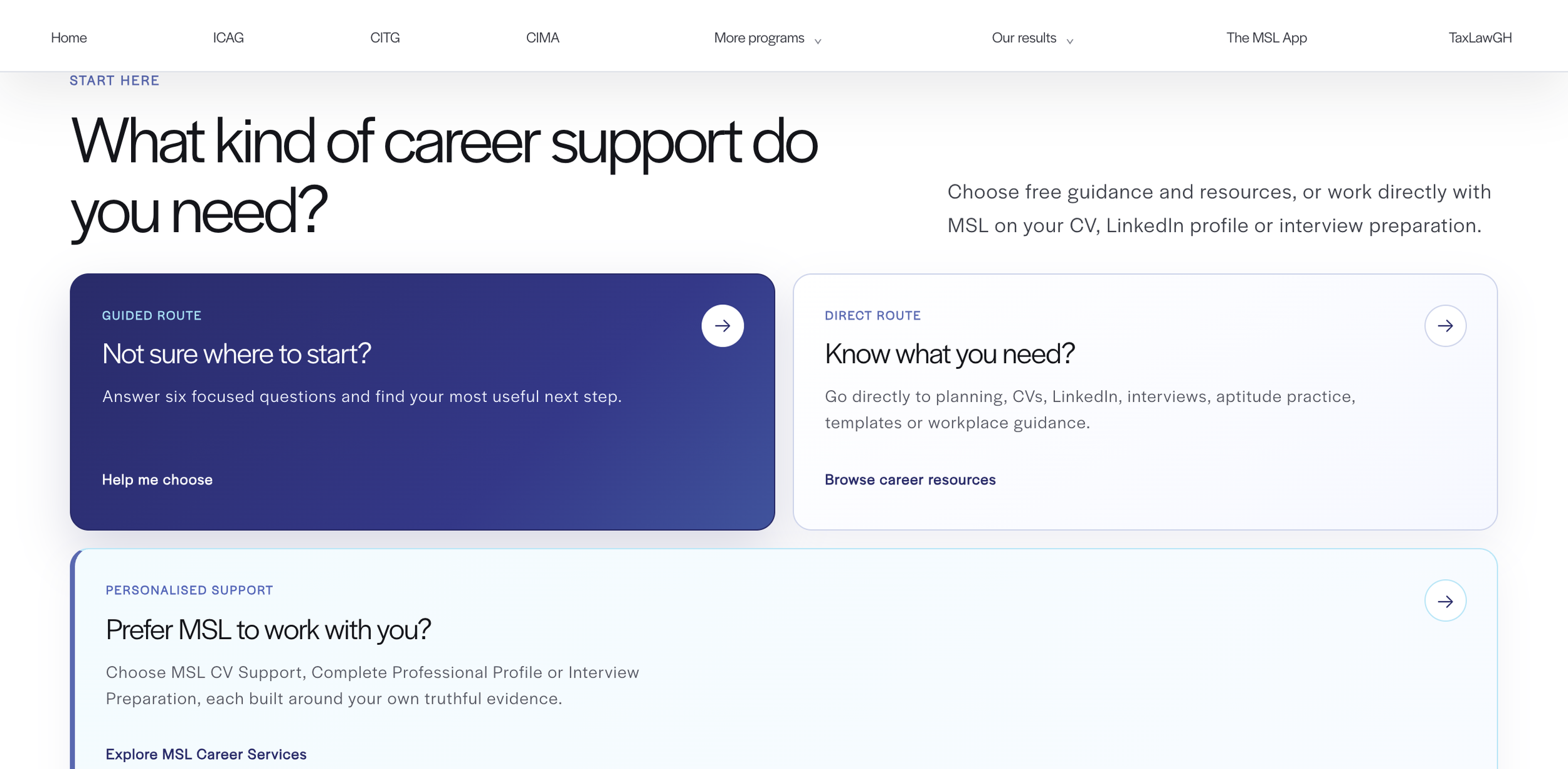 The live MSL Centre for Career Development start page showing guided, direct and personalised routes