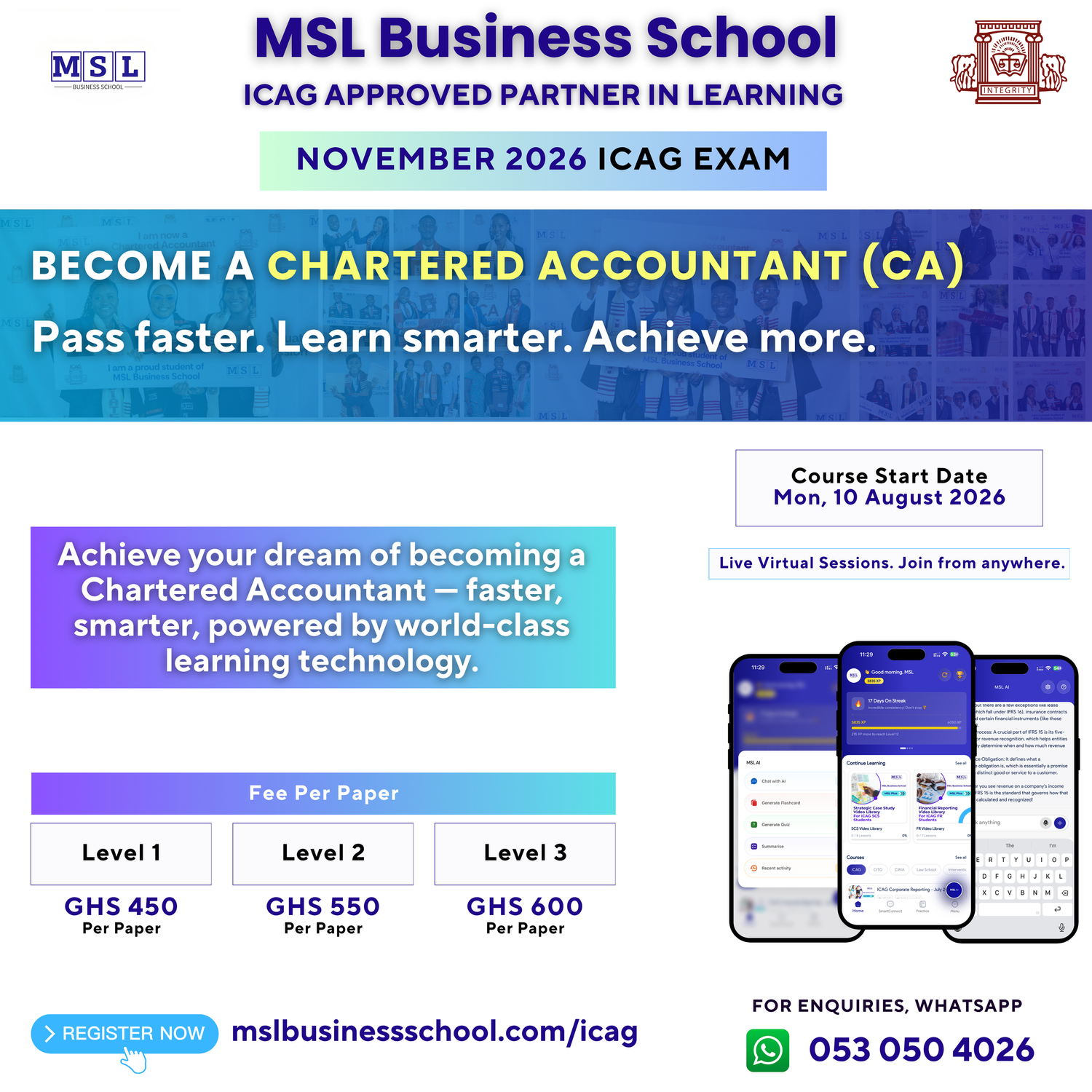 MSL Business School ICAG November 2026 Premium Live Tuition program flyer