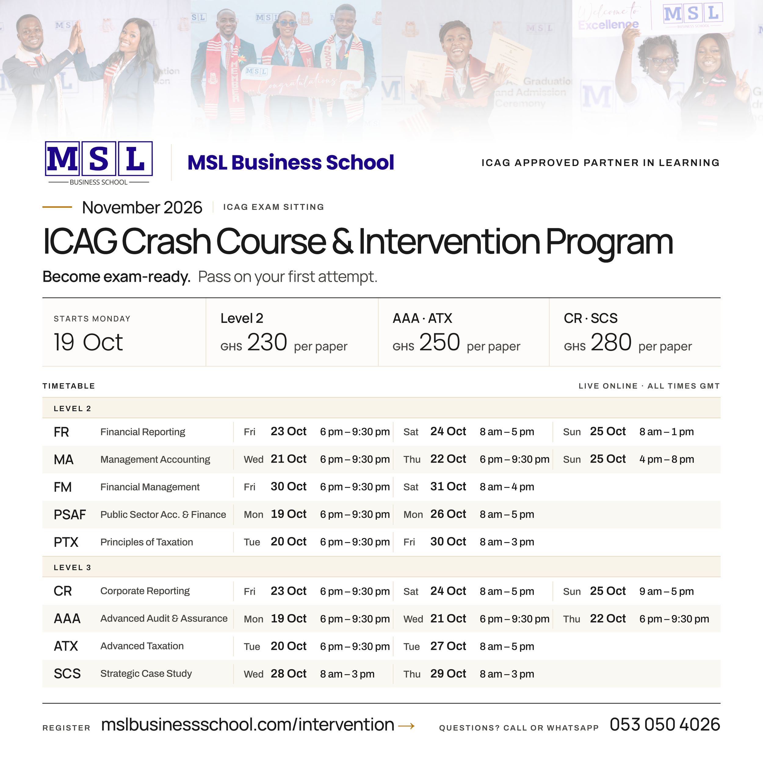 MSL Business School ICAG November 2026 Crash Course and Intervention Program flyer with the full schedule, papers covered, and fees per paper