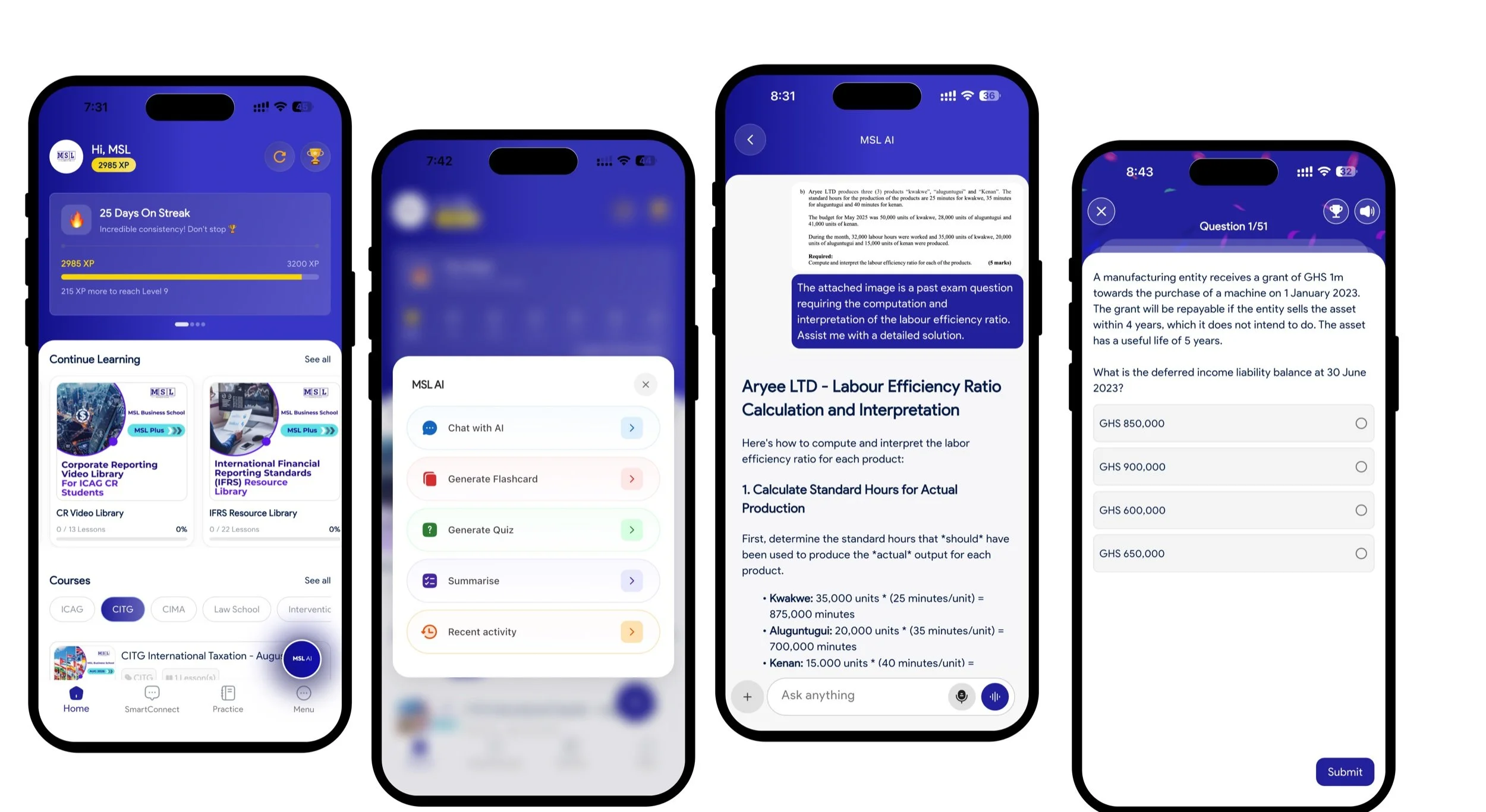 Four MSL Business School App screens showing the learning dashboard, MSL AI tools, multimodal exam guidance and exam-standard quiz practice