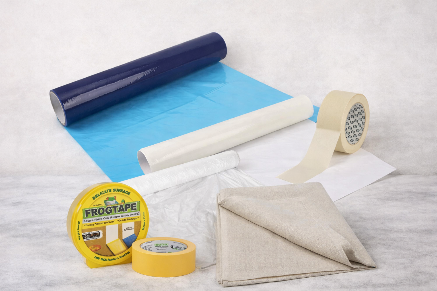 Surface protection — FrogTape, floor film, dust sheets