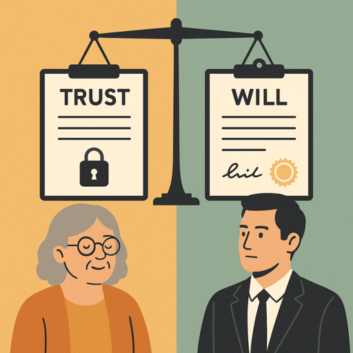 Split-image comparison of a trust and a will, showing differences in estate planning tools on a scale