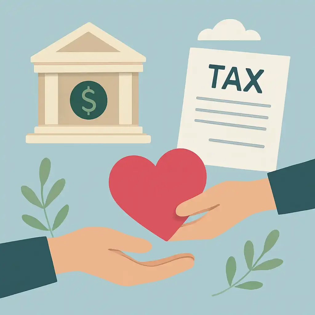 Illustration showing hands holding a heart with estate planning documents and money, symbolizing philanthropy in estate planning