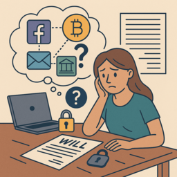Worried woman sitting at a desk with a will document, surrounded by thought bubbles showing digital assets like Facebook, Bitcoin, email, and online banking icons.