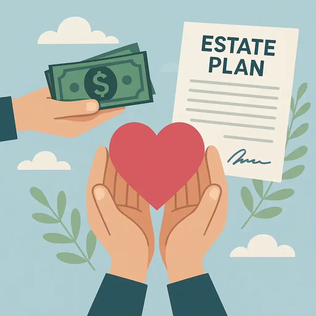 Illustration of charitable giving benefits in estate planning with hands exchanging a heart, a tax document, and a government building