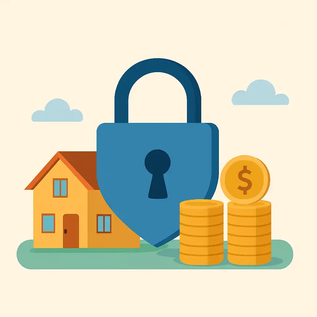 Illustration of a house, large padlock, and stacked gold coins representing asset protection and financial security.