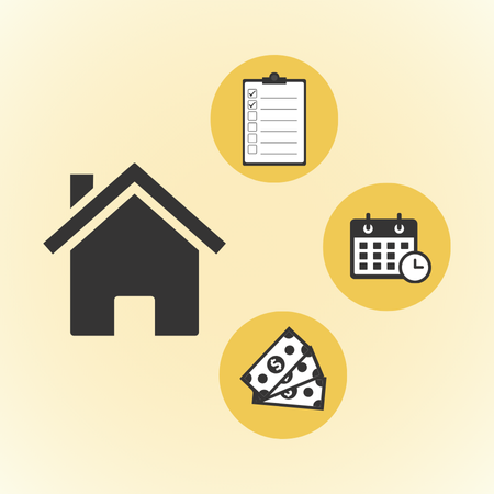House icon surrounded by clipboard checklist, calendar clock, and money bills icons illustrating key real estate transaction terms.