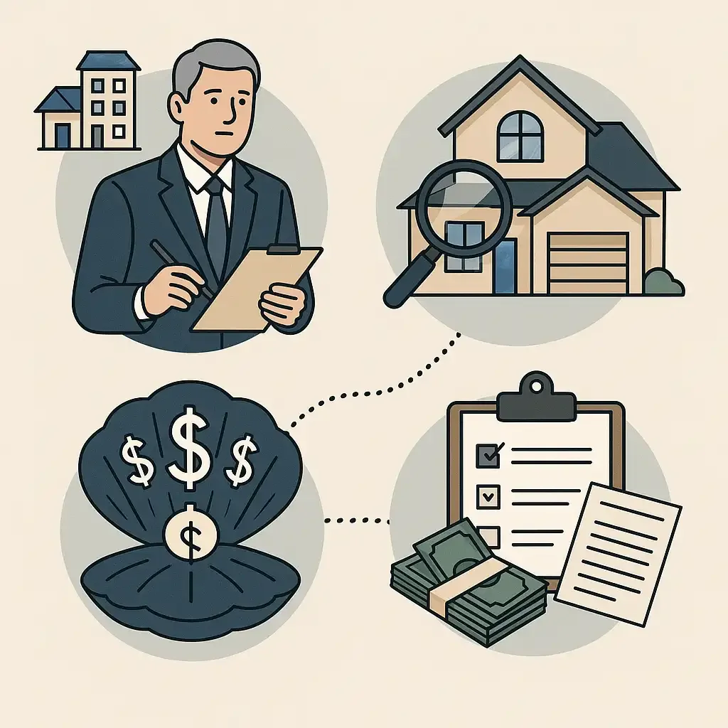 Illustration of estate valuation steps with icons showing a person reviewing properties, a magnifying glass over a house, financial symbols, and a checklist to represent the process of calculating an estate’s value.