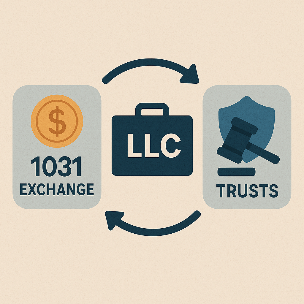 Diagram connecting 1031 exchange, LLC briefcase, and trust protection symbols in a strategic flow.