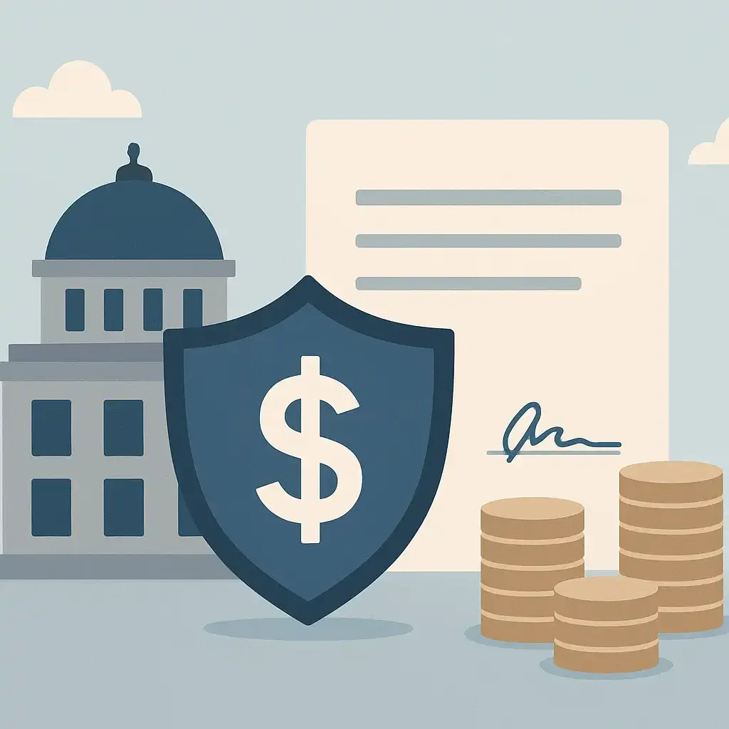Illustration featuring a shield with a dollar sign, government building, trust document, and stacked coins, symbolizing the financial security and benefits of a Domestic Asset Protection Trust (DAPT).