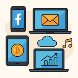 Collection of digital devices including a laptop, tablet, and smartphone, each displaying icons for Facebook, email, Bitcoin, cloud storage, and music.