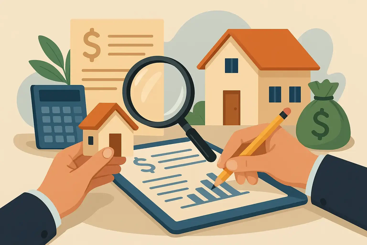 Illustration of estate valuation showing hands holding a small house, magnifying glass, financial documents, and money bag to represent property appraisal and asset calculation for tax purposes.