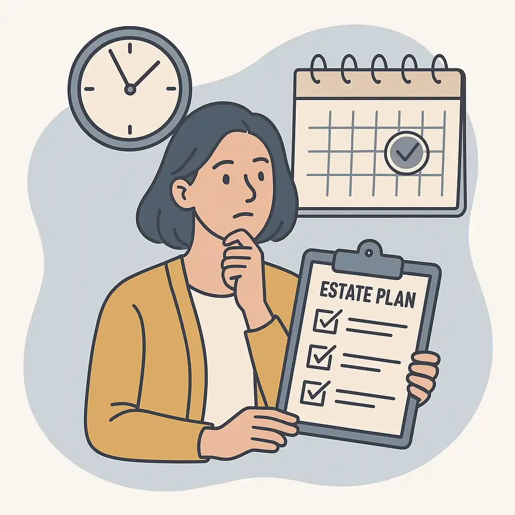 Illustration of a woman reviewing estate plan documents with a calendar and clock, symbolizing regular estate plan checkups