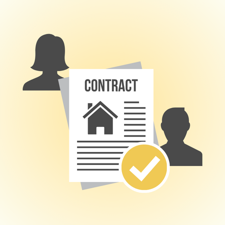 Two silhouettes flanking a real estate contract document with house icon and check mark, representing a binding real estate agreement.