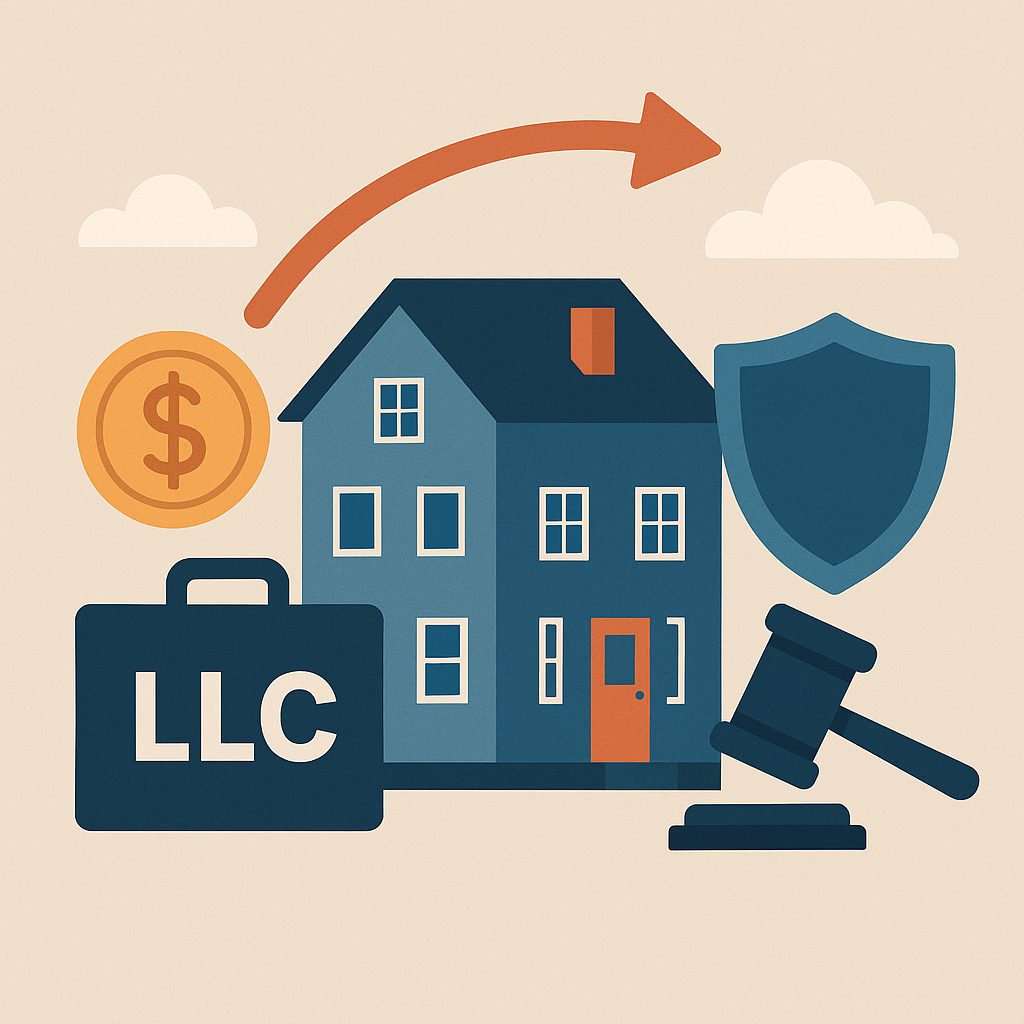 Illustration of a house surrounded by symbols of finance, LLC, and legal protection for 1031 exchange planning.