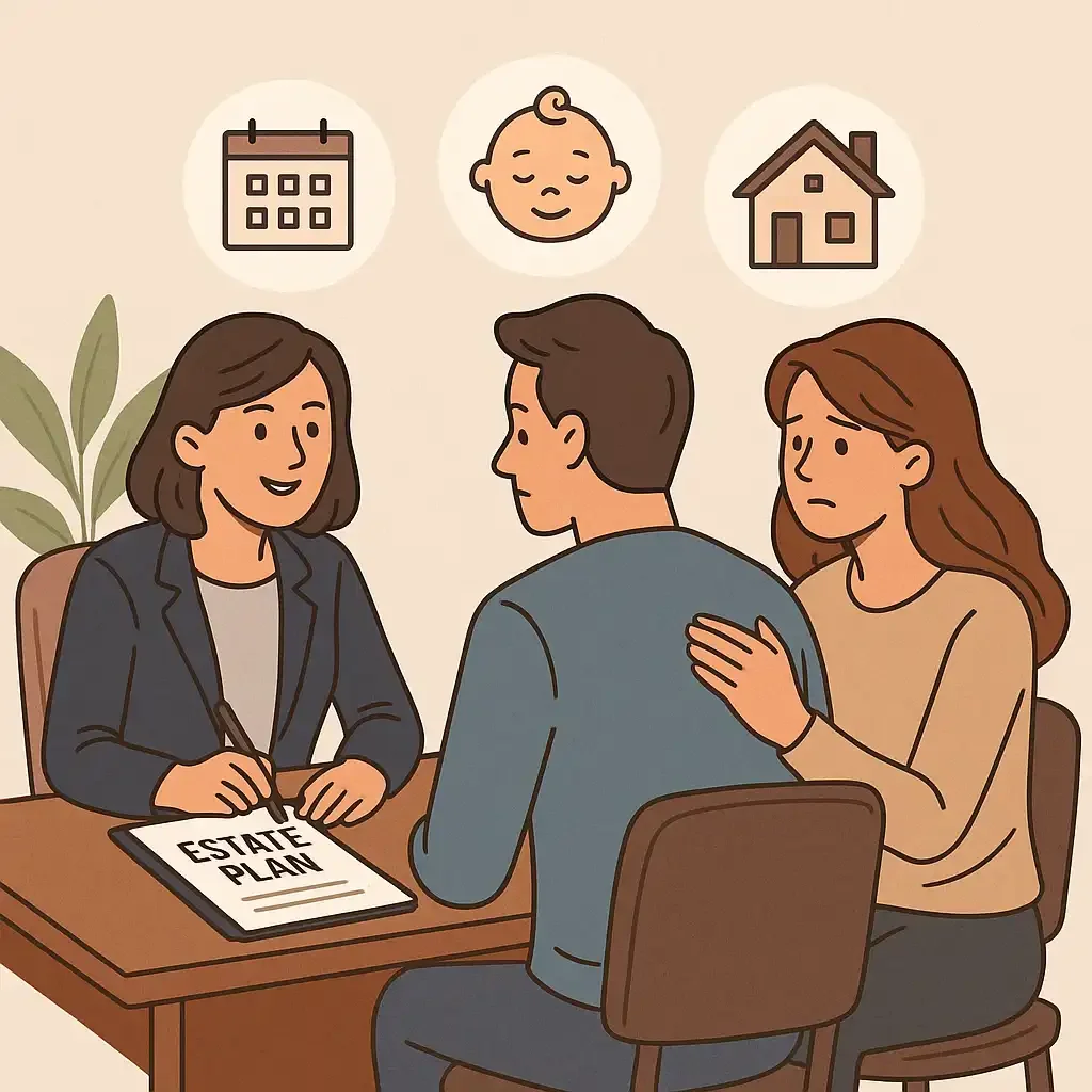 Illustration of a couple meeting an estate planning attorney to review their plan after life changes like marriage, children, or buying a house