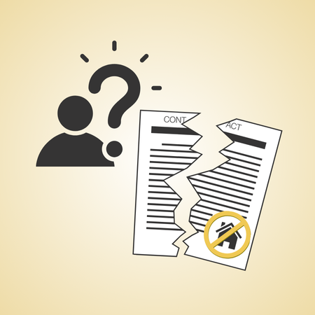 Silhouette with question mark beside a torn real estate contract showing prohibition icon, illustrating a failed contract scenario.