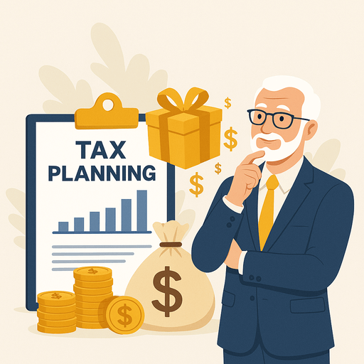 Elderly man in a suit thinking beside a tax planning chart, gold coins, and a gift box—symbolizing lifetime gifting and tax planning strategies for high-net-worth individuals.