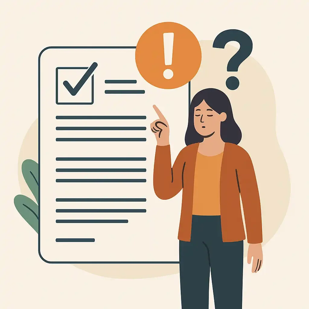 Illustration of a woman pointing to estate planning documents with symbols of caution, highlighting the importance of keeping a plan current