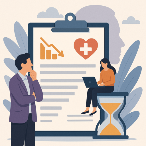 A man thoughtfully examines a large clipboard with icons representing financial decline and healthcare, while a woman sits on an hourglass working on a laptop.